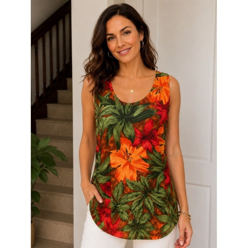 UZZI. Amphibious Gear. Tropical floral print shirt. Sleeveless top. L.